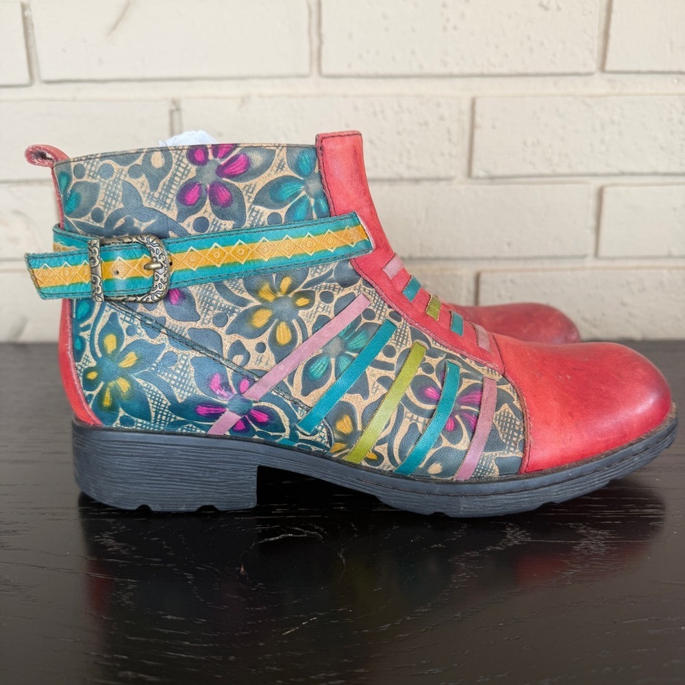 Socofy Leather Art To Wear Boho Floral Ankle Boots Hippie Artisan EU 40 US 9